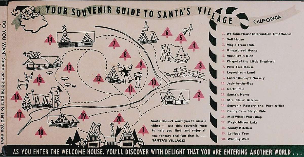 Un mapa guía muestra las atracciones en Santa's Village.