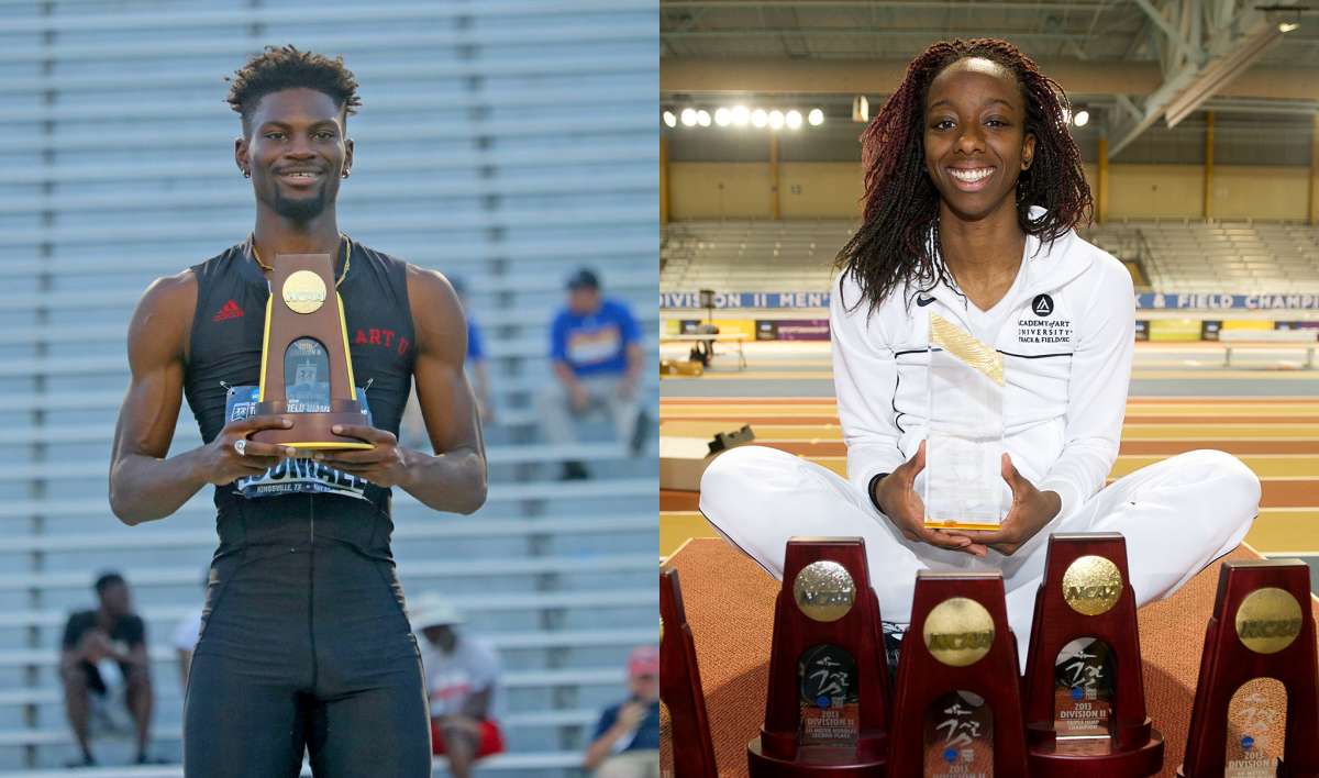 Los campeones de atletismo de la Academy of Art University, Mobolade Ajomale, izquierda, y Vashti Thomas.