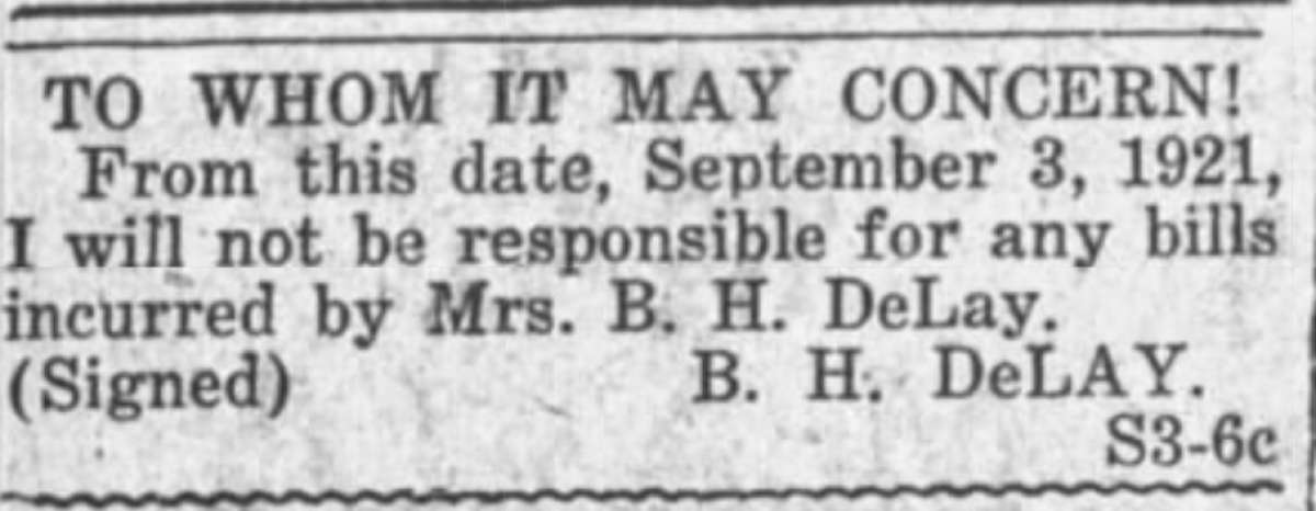 BH DeLay tomó la ruta de la vergüenza pública durante su divorcio con Juanita DeLay. Esto se publicó en la Vanguardia de Venecia en 1921.