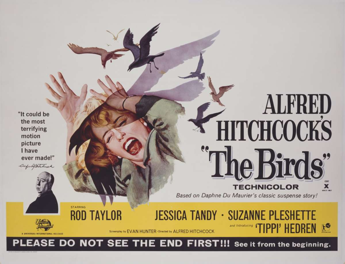 Un póster de la película de terror de 1963 de Alfred Hitchcock. "Las aves," protagonizada por Tippi Hedren. 