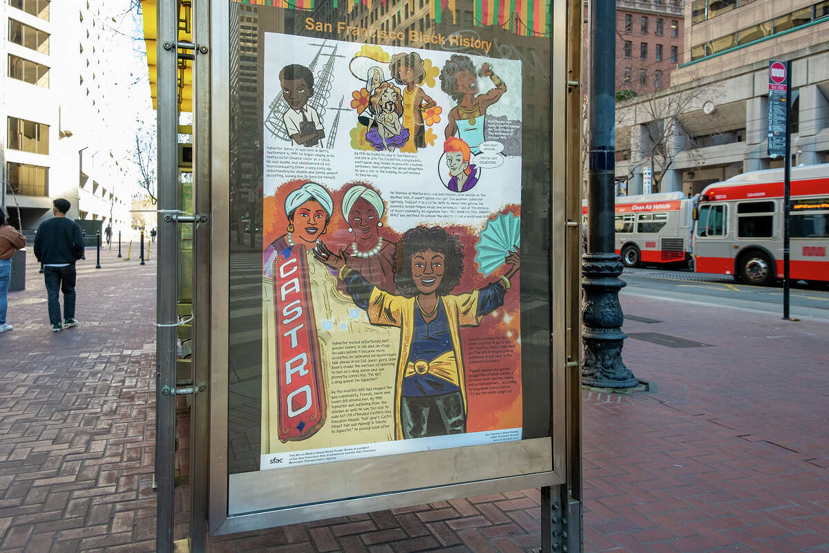 En honor al Mes de la Historia Negra, las instalaciones de arte de Fred Noland se alinean en Market Street en varias paradas de Muni que comienzan en la esquina sureste de Market Street y Steuart Street. 