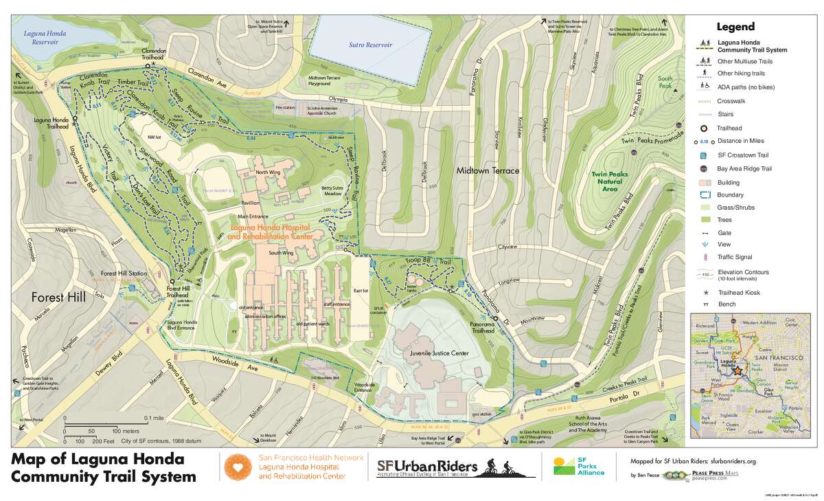 Puede imprimir una copia del mapa del sistema de senderos comunitarios de Laguna Honda en el sitio web de SF Urban Riders.