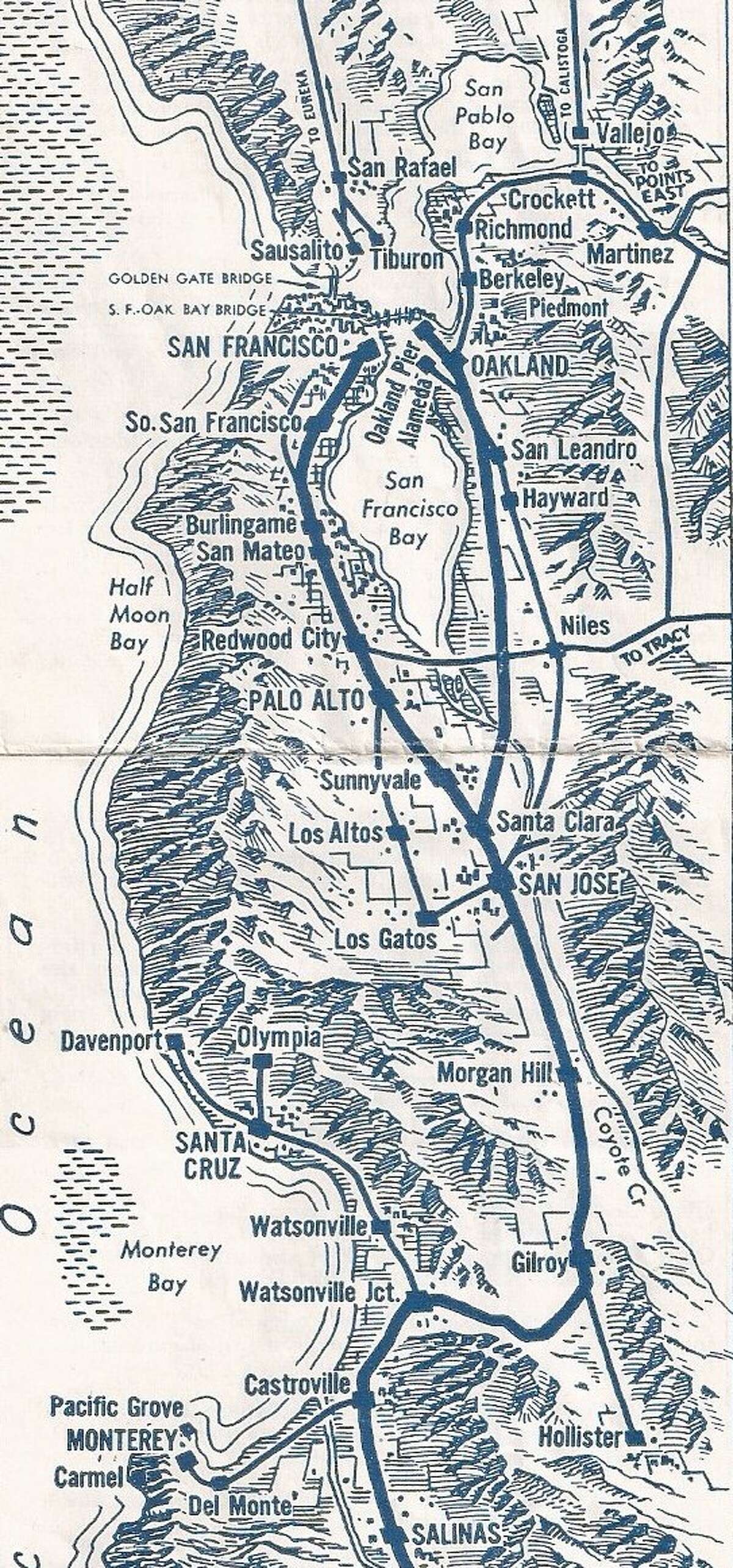 Escaneado de un folleto de trenes del Pacífico Sur de 1955. La brecha entre Los Gatos y Olympia no existió hasta 1940.