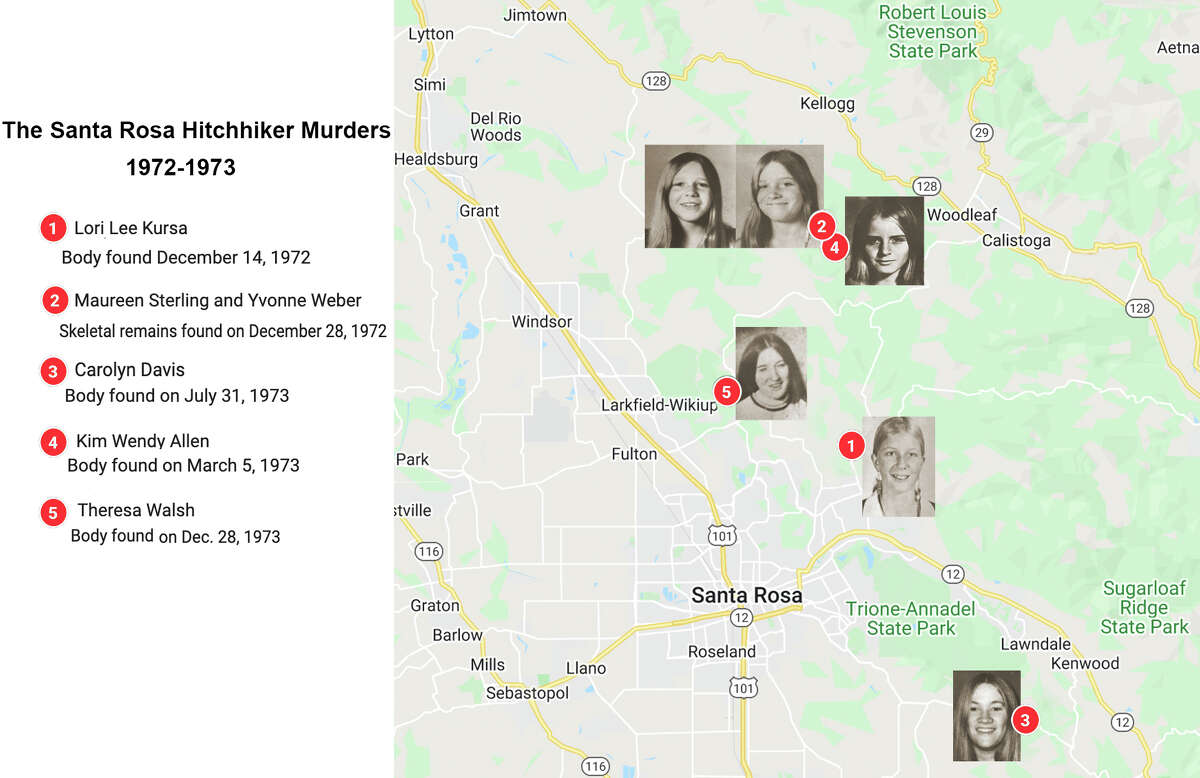 Un mapa que muestra las ubicaciones de los asesinatos de autostopistas de Santa Rosa. 