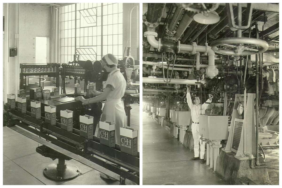 En estas fotos históricas, los empleados de C&H Sugar empacan cajas de azúcar en polvo, a la izquierda, y licores de azúcar para filtrar, a la derecha, en la refinería de Crockett.