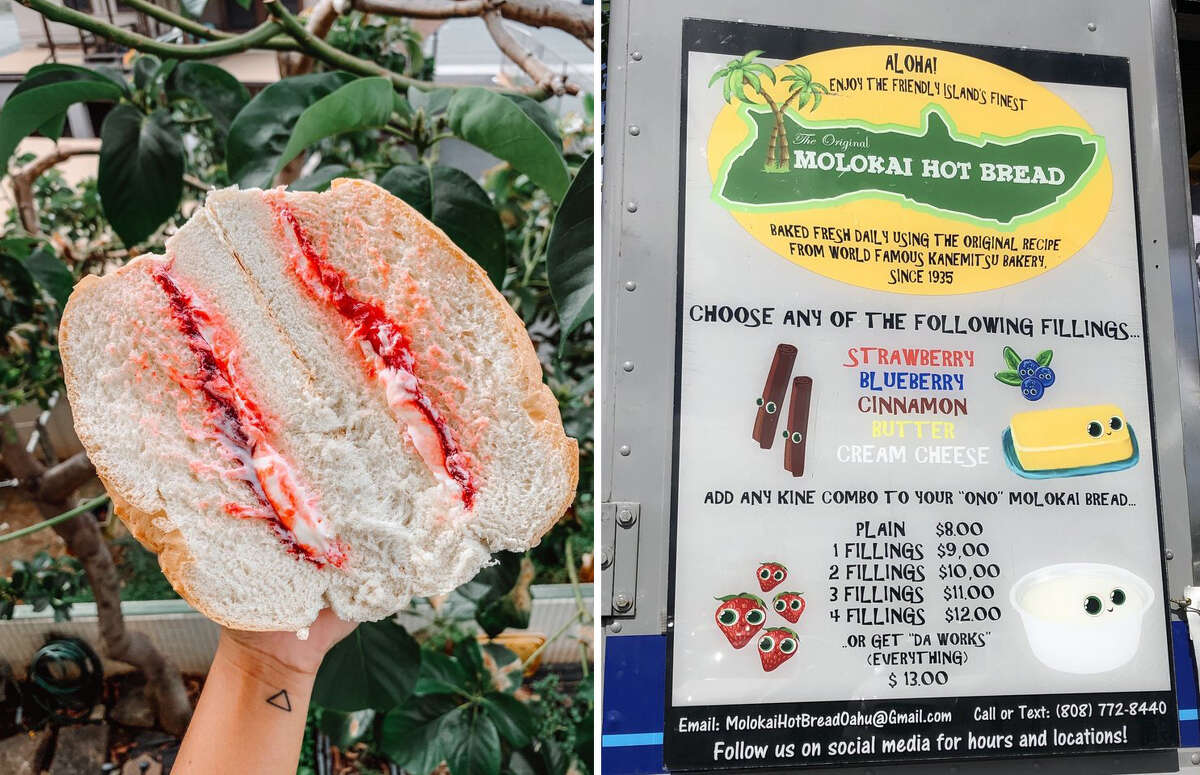 En el camión de comida de Oahu, las hogazas de pan están untadas con sabores que puede elegir, que incluyen fresa, arándano, canela y ube, con o sin queso crema.