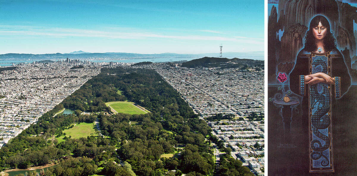 Golden Gate Park a menudo está considerando una ubicación privilegiada para el lugar de entierro del tesoro de "El secreto" por Byron Preiss. Fíjate en la forma de la ropa de mujer de la ilustración del libro, a la derecha, que parece reflejar las dimensiones del Golden Gate Park en San Francisco.