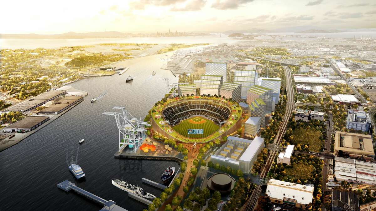 Una representación del estadio Howard Terminal propuesto para los Atléticos de Oakland. 