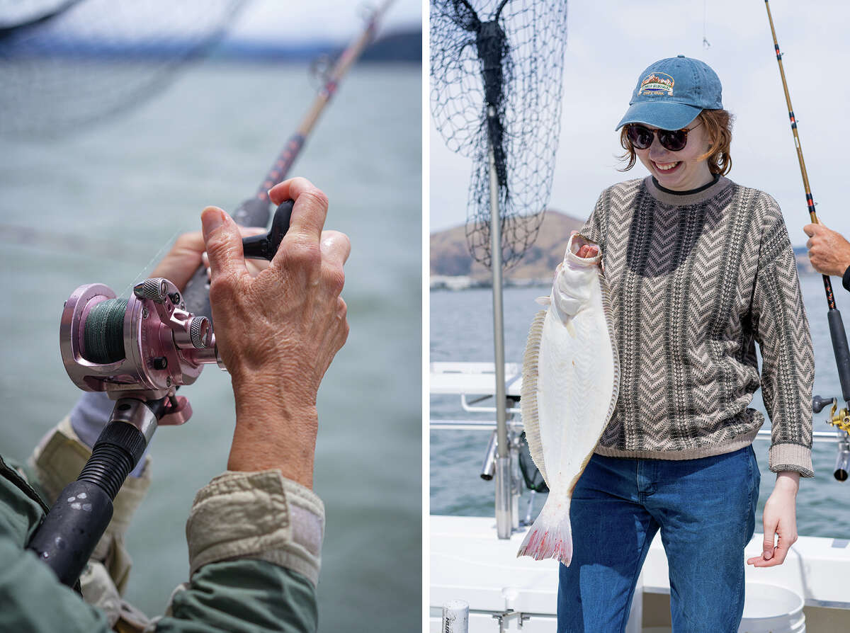 La reportera de SFGATE, Madeline Wells, atrapa un halibut durante su pesca de mujeres con Gatherer Outfitters, el jueves 26 de mayo de 2022.