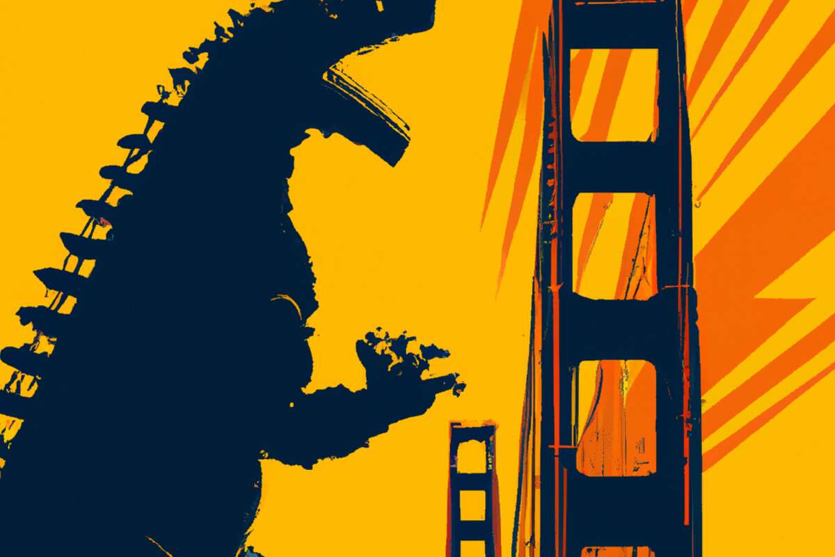 El software de imágenes de IA DALL-E-2 creó esta interpretación visual de la Torre Sutro atacando el puente Golden Gate, al estilo de un póster de la película Godzilla.