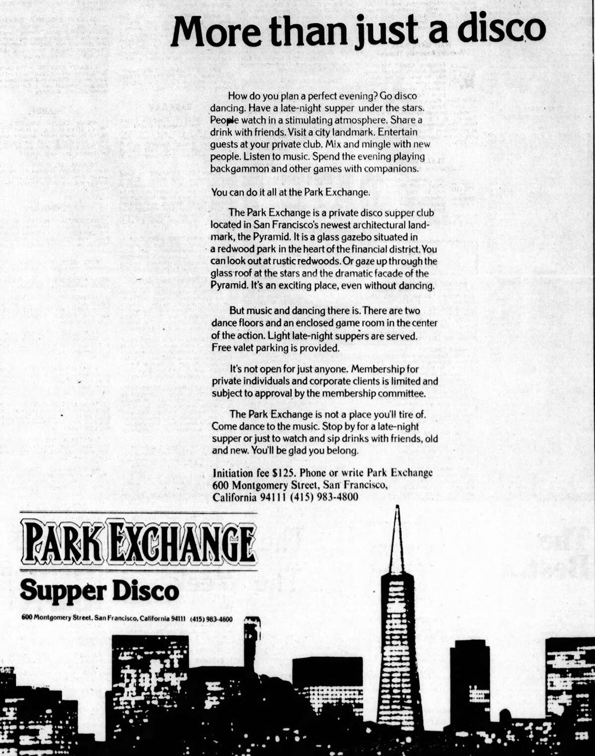 Un anuncio de 1979 para Park Exchange Supper Disco en Transamerica Pyramid.