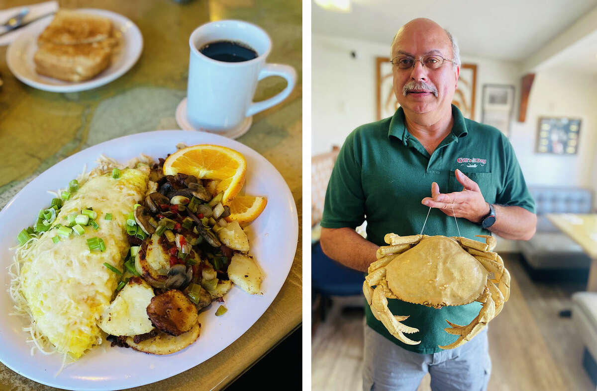 Izquierda: un desayuno de tortilla de camarones. Derecha: El gerente Mike Freitas sostiene un raro cangrejo dungeness albino. 