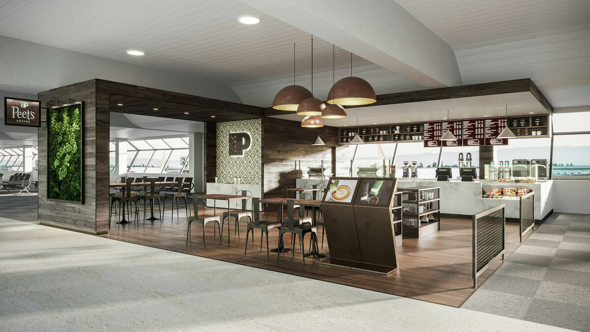 Representación artística de un nuevo set de Peet's Coffee que se inaugurará en el Aeropuerto Internacional de Oakland. 