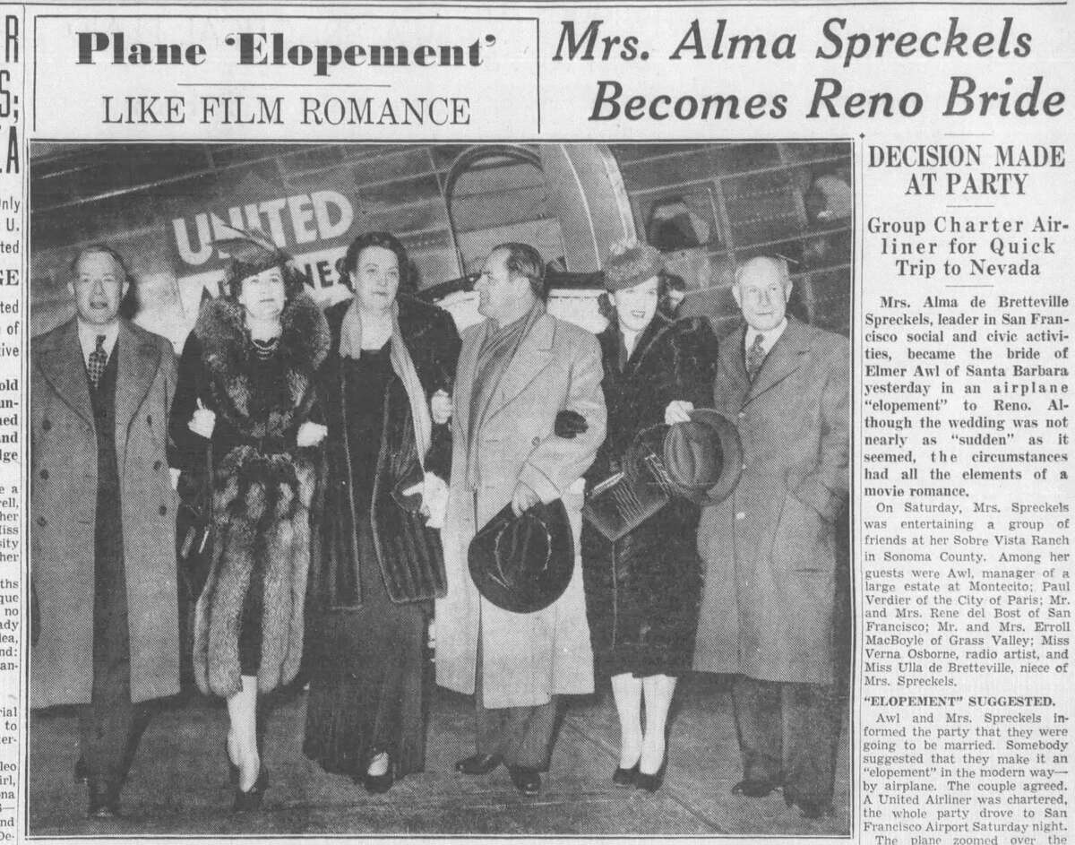 Alma de Bretteville Spreckels (centro) aparece en la foto con su segundo esposo, Earl Awl (centro) después de su fuga en 1939. Su matrimonio terminaría solo dos años después cuando Spreckels descubrió su romance con su sobrina Ulla de Bretteville, en la foto de la derecha. 