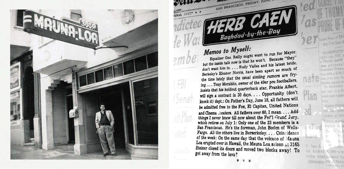 Una foto del abuelo de Curt Martin, John, a la izquierda, frente a su bar Mauna Loa, y una copia enmarcada de la columna de Herb Caen que apareció en medio de la erupción de 1950 del volcán Mauna Loa en Hawái. 