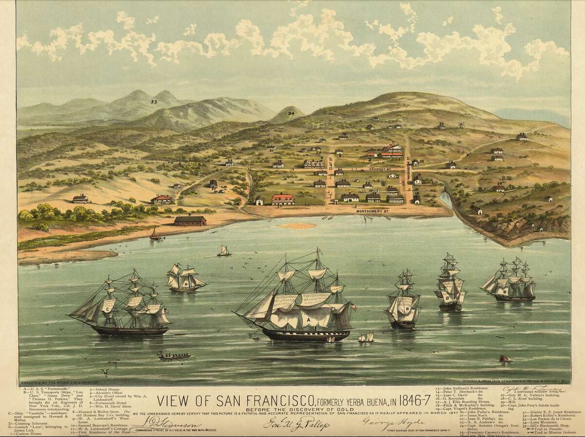 Esta ilustración de San Francisco en marzo de 1847, antes de que se descubriera oro en California, está firmada como exacta por oficiales militares. Muestra Montgomery Street en la orilla de la bahía. 