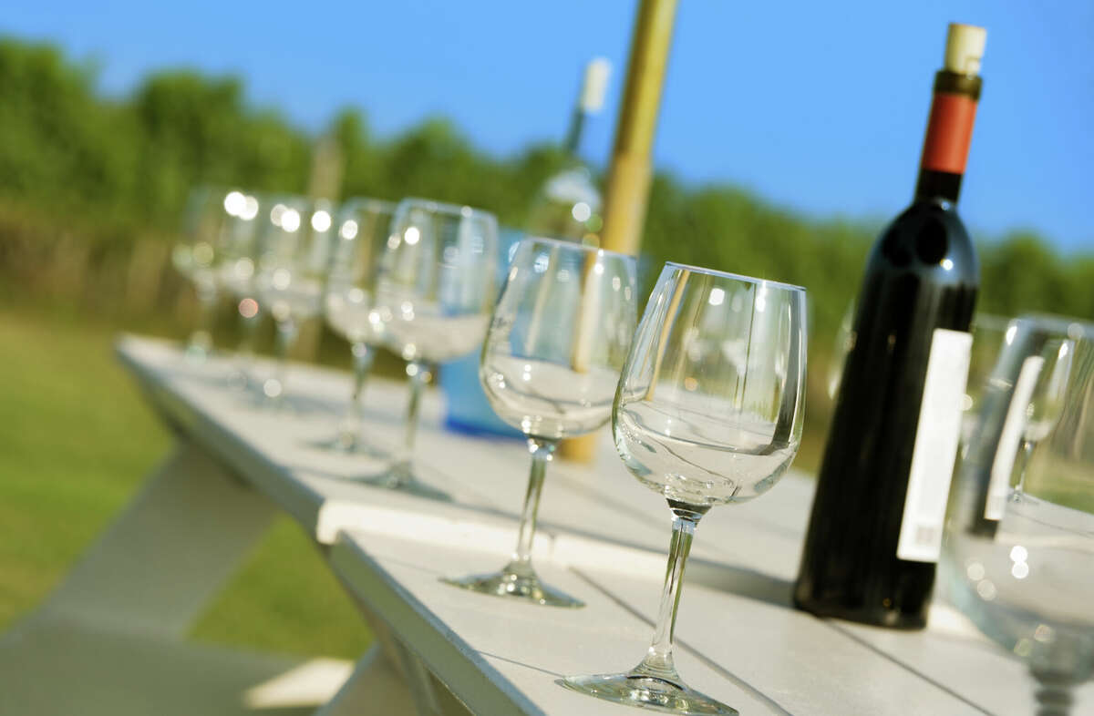 Juego de banco y mesa para exteriores para una recepción de cata de vinos en un viñedo. 