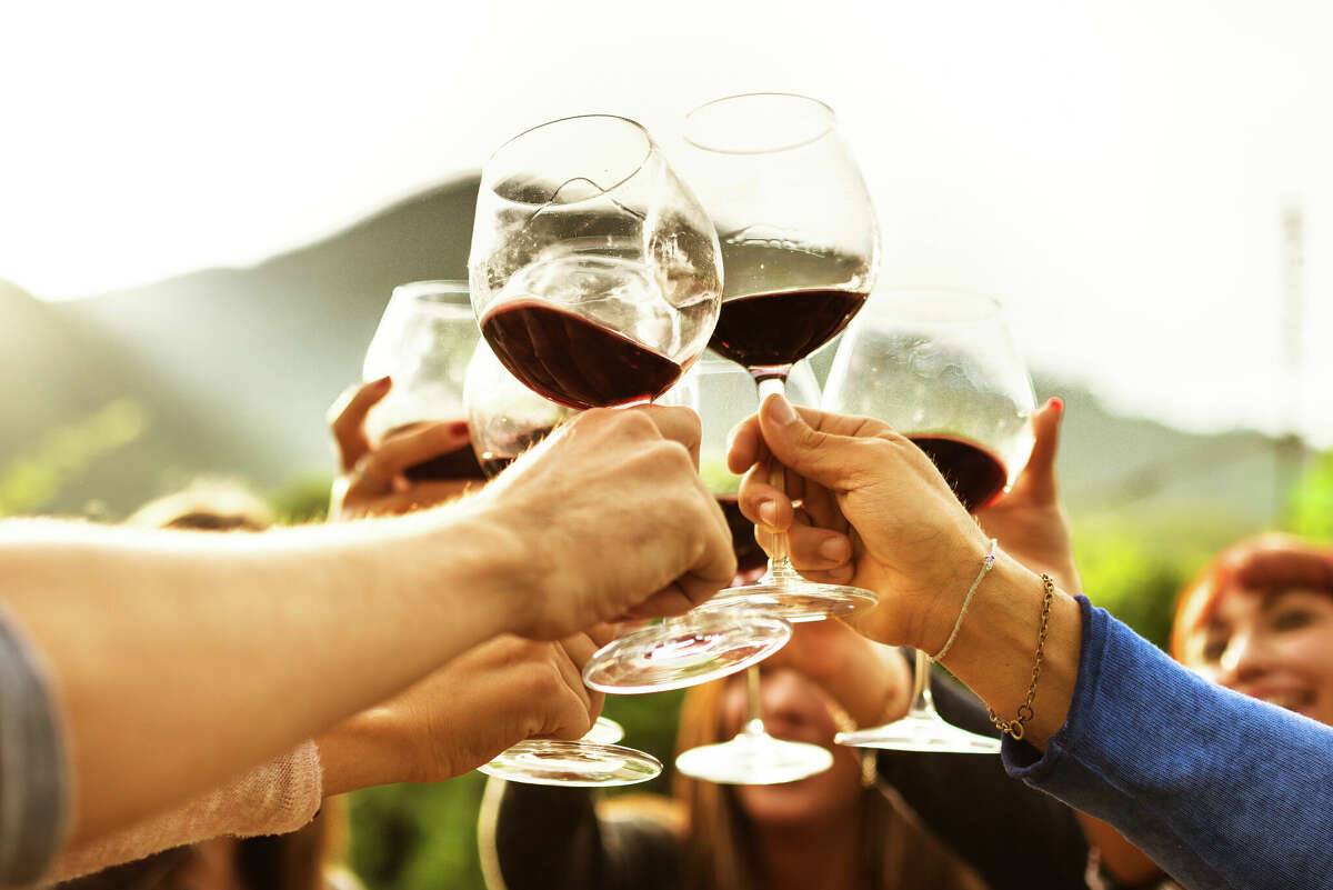 Amigos animando con sus copas durante una cata de vinos.