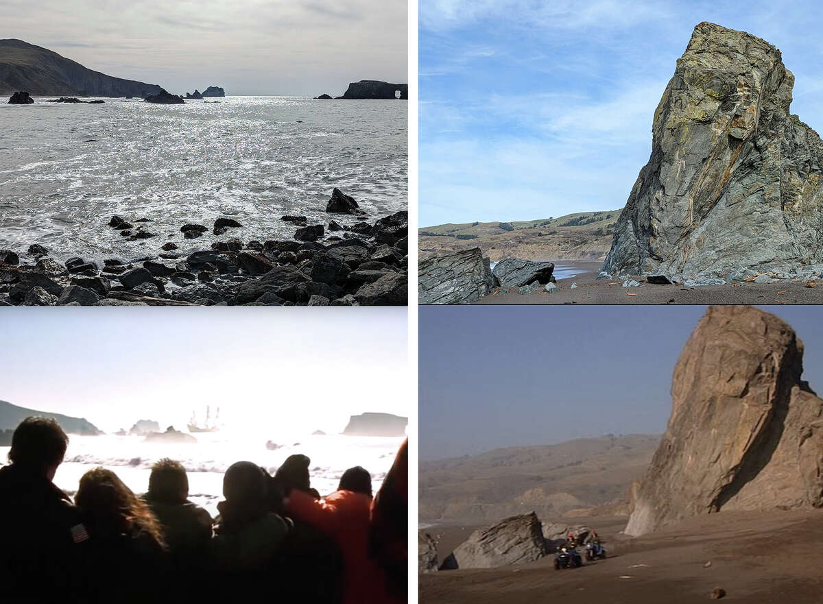 Comparaciones lado a lado de los paisajes de Goat Rock en el condado de Sonoma, arriba, y fotogramas de las escenas finales de "Los Goonies".