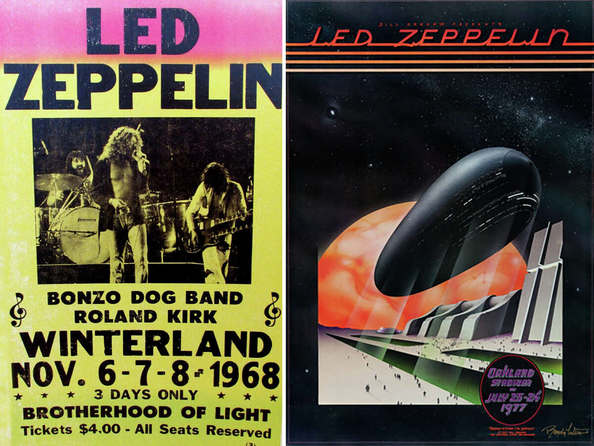 Fotos de lado a lado de un cartel falso de un concierto de Led Zeppelin que nunca sucedió, a la izquierda, junto a uno real para su concierto de 1977 en el Oakland Coliseum. 