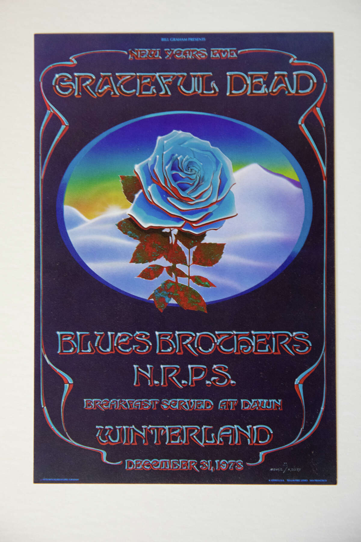 El póster original del cierre de Winterland, con Grateful Dead y Blues Brothers, en la Galería D.King en Berkeley, California, el 23 de enero de 2023. El póster a menudo es pirateado.