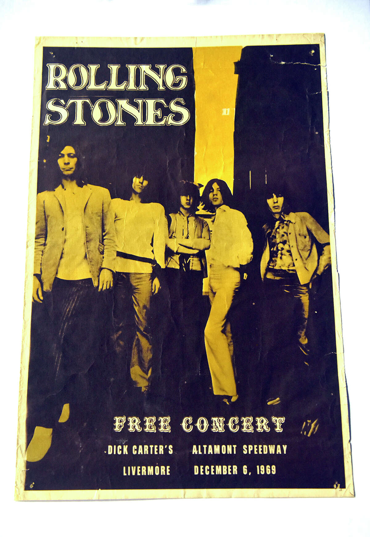 El póster de Rolling Stones Altamont exhibido en Amoeba Records en San Francisco.