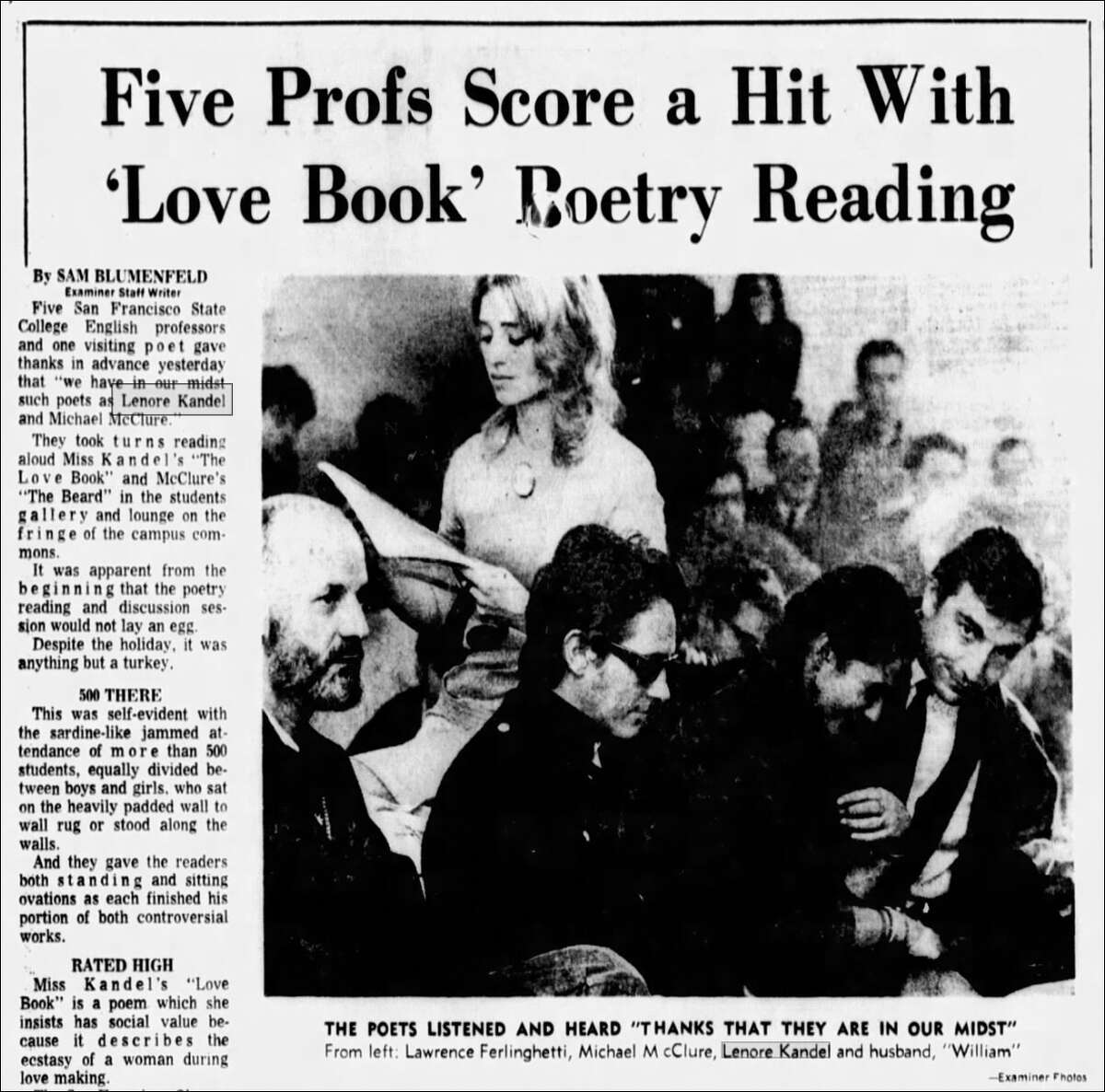 Un artículo del 24 de noviembre de 1966, que cubre una lectura local del libro de Lenore Kandel "El libro del amor" con la asistencia de notables poetas, incluidos Michael McClure y Lawrence Ferlinghetti.