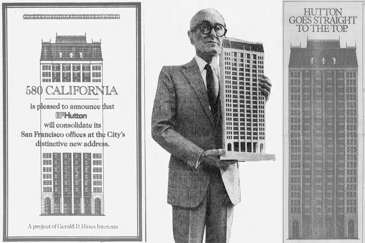 Anuncios de 580 California St. y el arquitecto Philip Johnson sosteniendo una maqueta del edificio en 1983. 