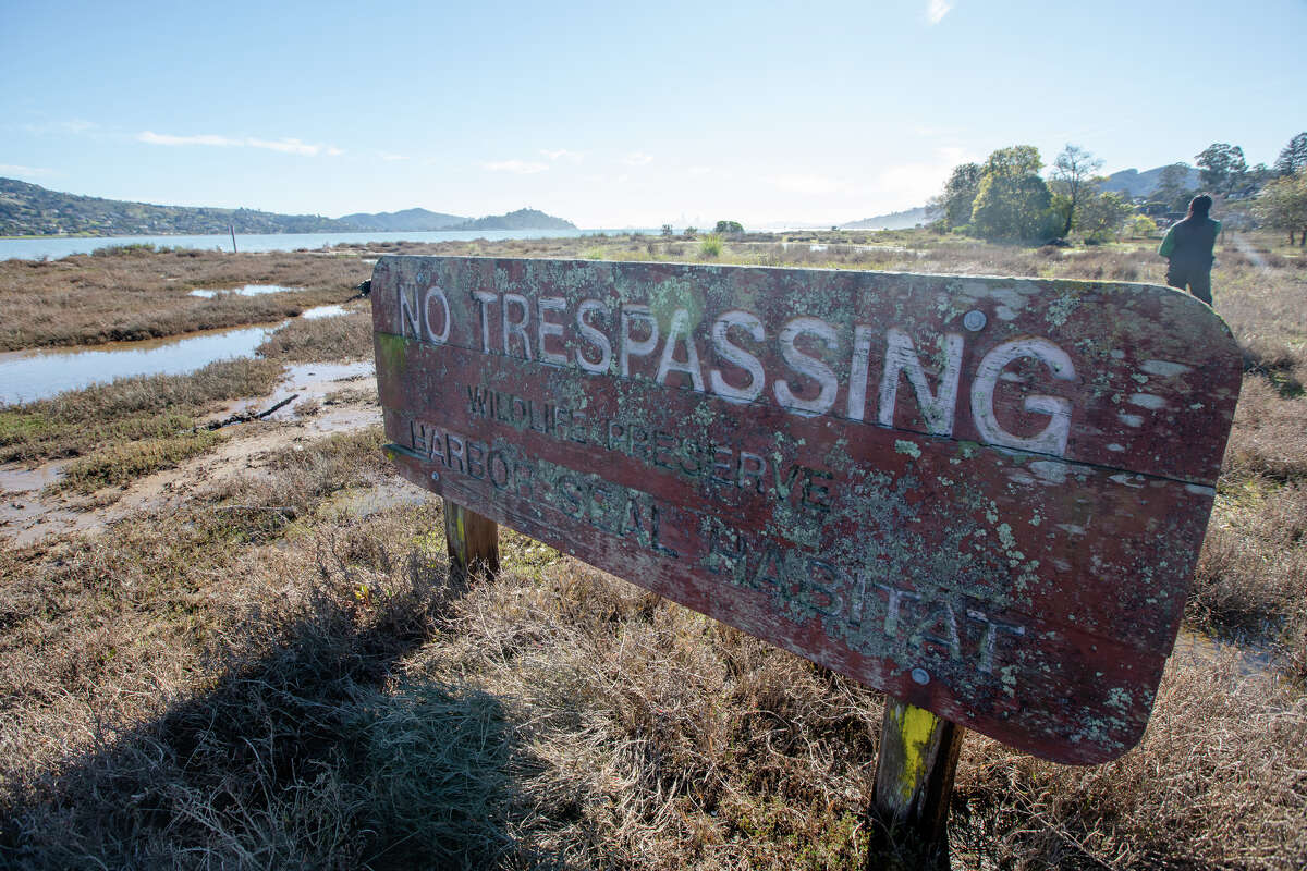 Un letrero les permite a las personas no traspasar la isla de Aramburu en Tiburon, California, el 6 de febrero de 2023. La isla es una reserva de aves.
