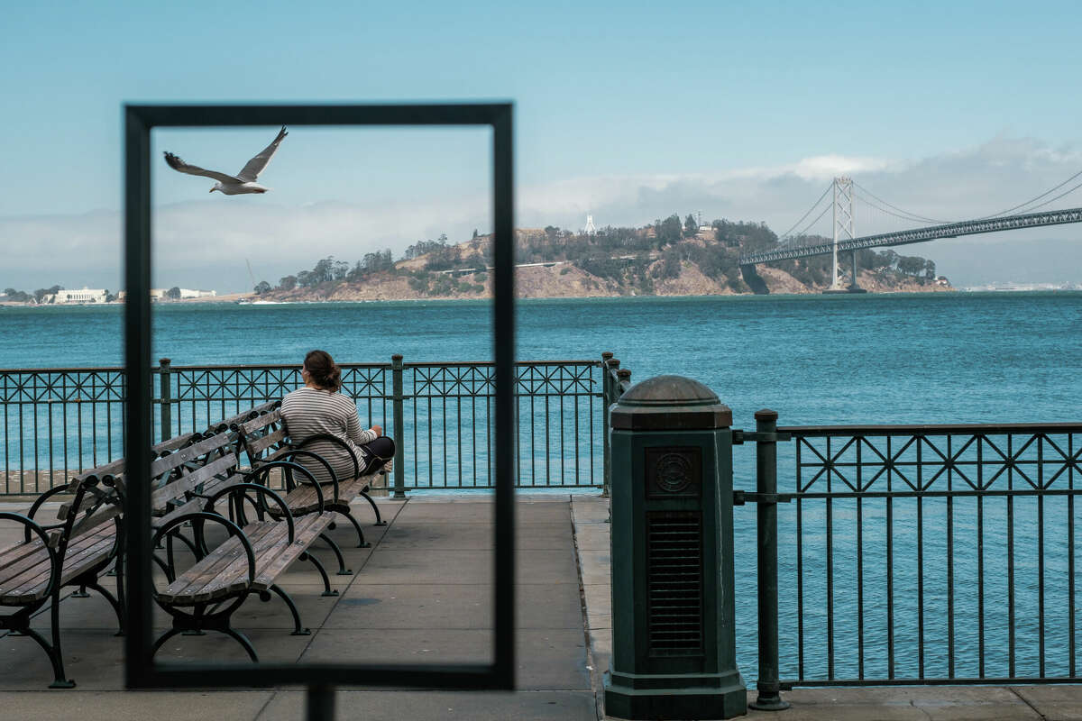  Una mujer observa el agua mientras una gaviota sobrevuela el Ferry Building en San Francisco, California.