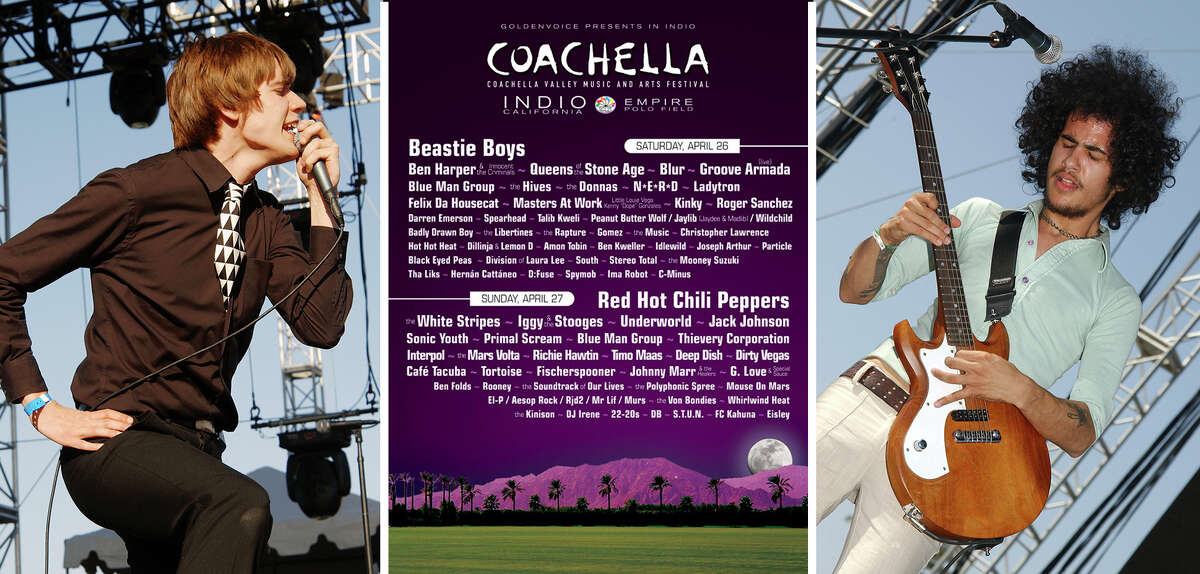 La alineación de Coachella de 2003, centro; con los artistas del escenario principal del sábado, The Hives, a la izquierda, y Mars Volta, a la derecha, que tocaron el domingo. 