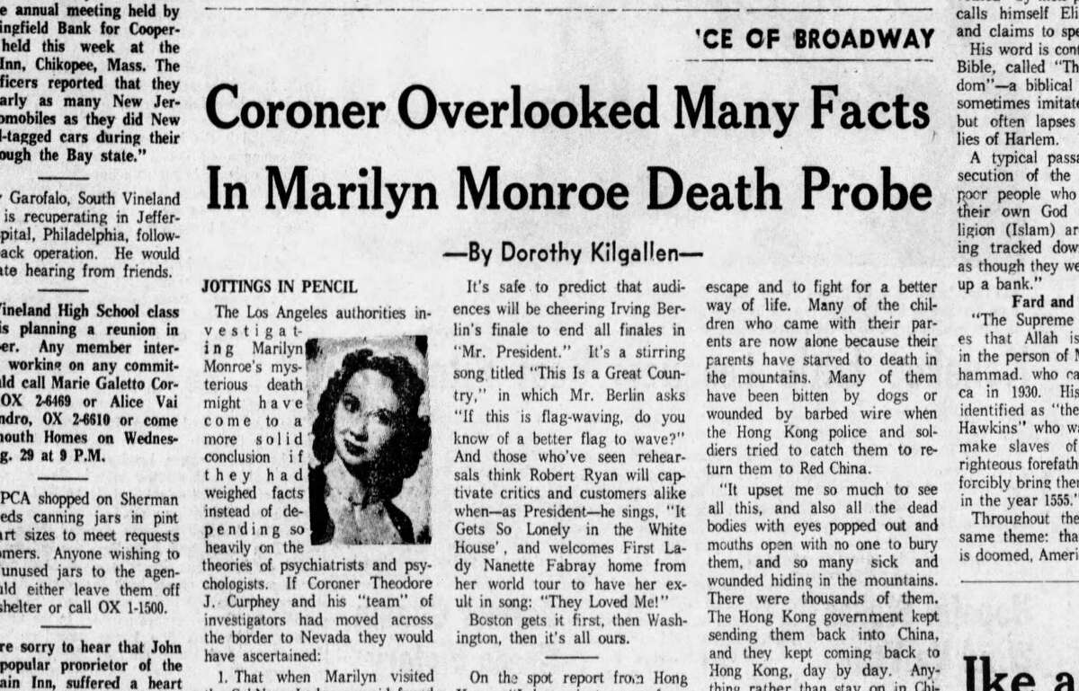 Un artículo del 24 de agosto de 1962 en el Daily Journal cuestionando un posible encubrimiento relacionado con la muerte de Marilyn Monroe. 