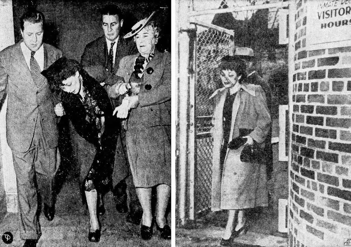 Se ve a Irene Mansfeldt siendo conducida desde la corte después de un "arrebato histérico" en enero de 1946. La imagen de la derecha muestra su liberación de la prisión de mujeres de Tehachapi en libertad condicional en 1948.
