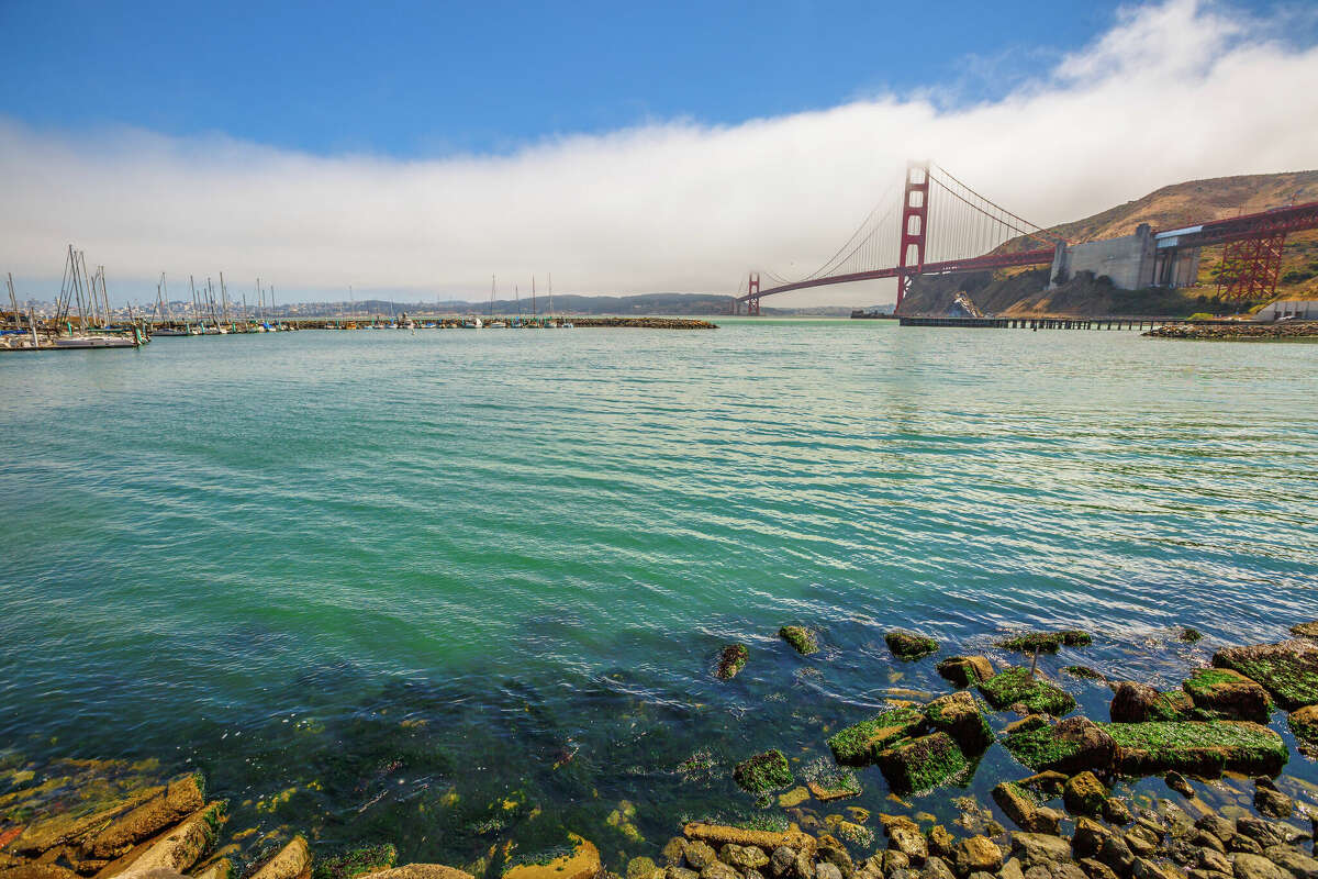 Desde la costa cerca del Presidio Yacht Club en las afueras de Sausalito, California, la vista hacia San Francisco y el puente Golden Gate muestra la belleza natural y artificial que se puede ver a lo largo de SF Bay Trail.