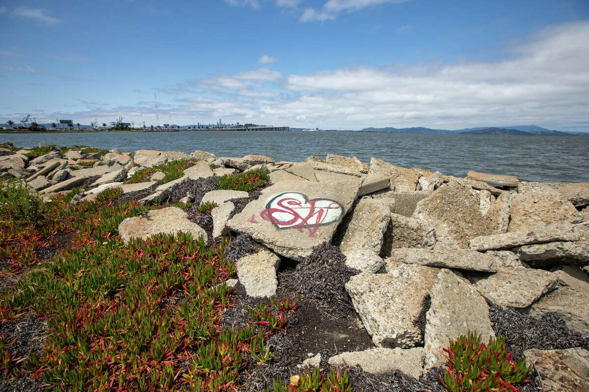 Pedazos de concreto bordean la costa cerca de Radio Beach en Oakland, California.