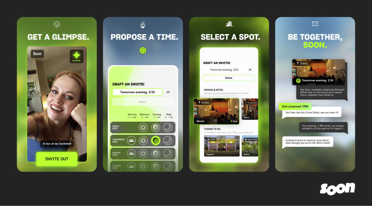 Las capturas de pantalla muestran las funciones principales de Soon, una nueva aplicación de citas exclusiva para San Francisco.
