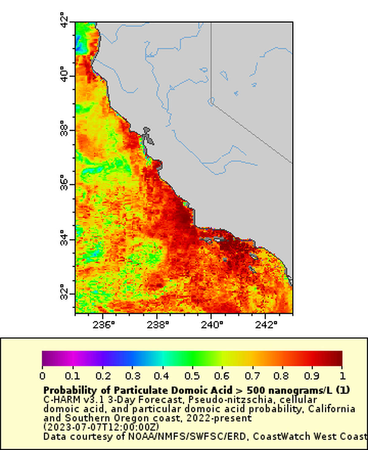 Un pronóstico de las concentraciones de ácido domoico a lo largo de la costa de California para el 7 de julio de 2023, proporcionado por el Sistema de Observación del Océano Costero del Sur de California. El rojo más oscuro refleja las áreas con mayor probabilidad de exceder el umbral de una proliferación de algas nocivas.
